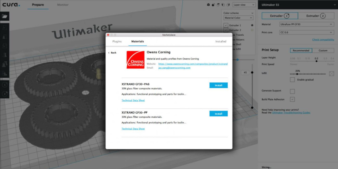 Owens Corning materials in the Ultimaker Cura Marketplace